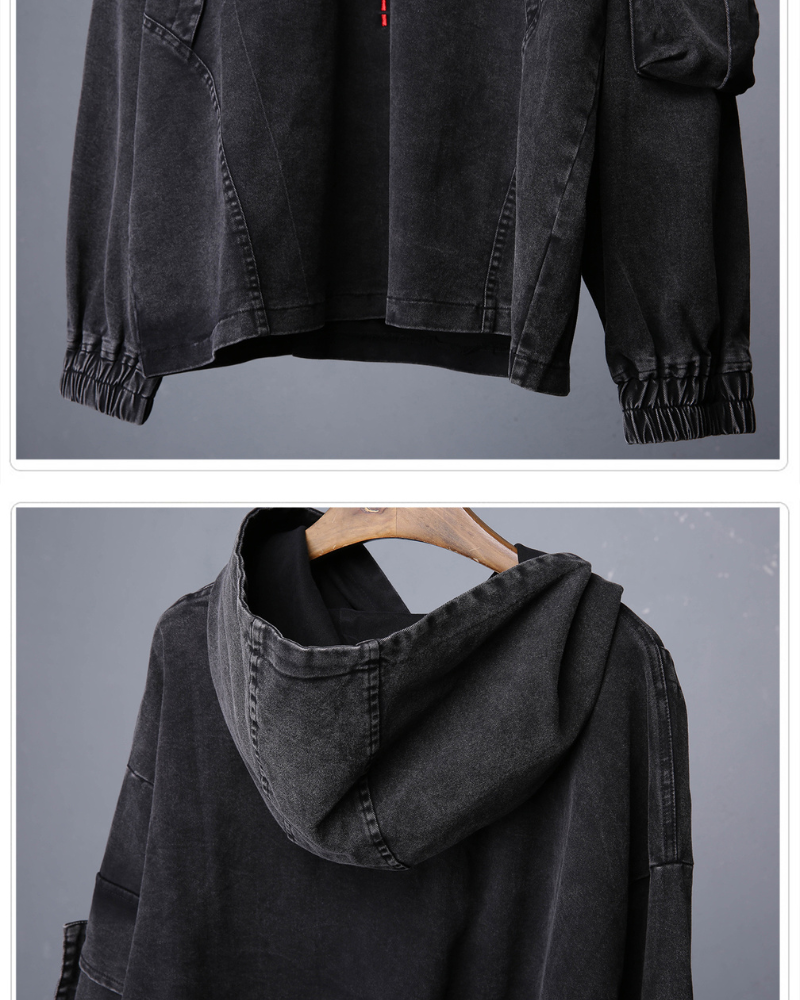 Washed Cross Denim Hoodie - Techwear Streetwear