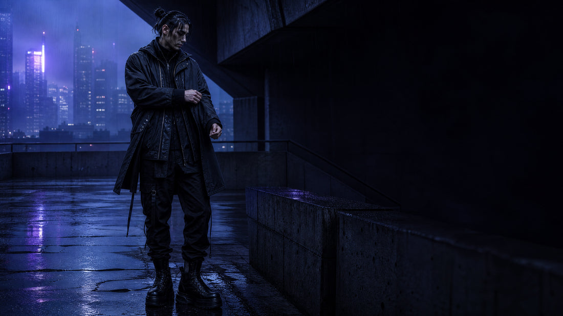 Black layered techwear outfit on a brutalist rain-slick city walkway at night