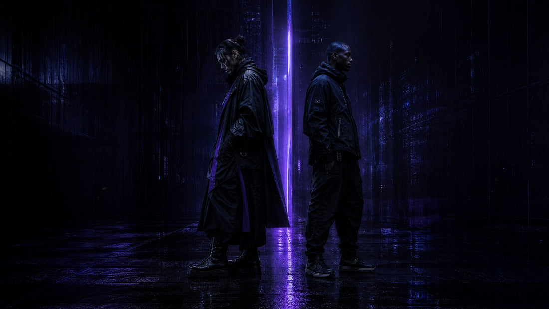 Two dark fashion silhouettes representing expressive cyberpunk style and refined techwear style