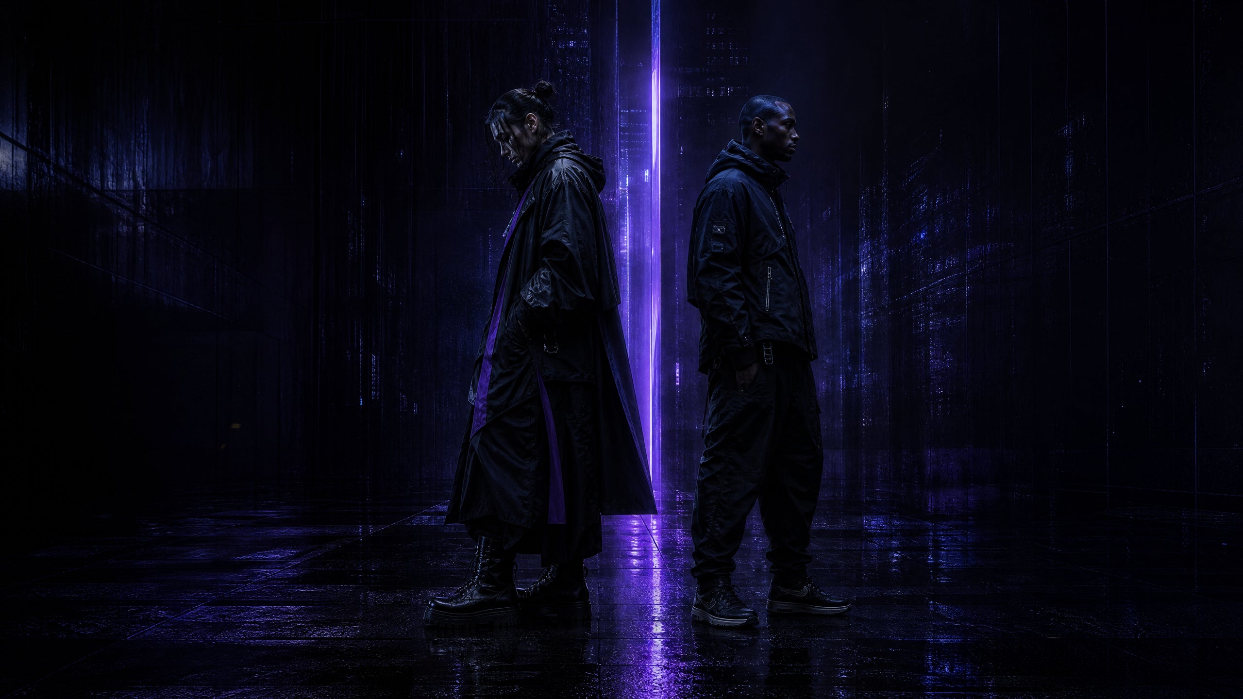 Two dark fashion silhouettes representing expressive cyberpunk style and refined techwear style
