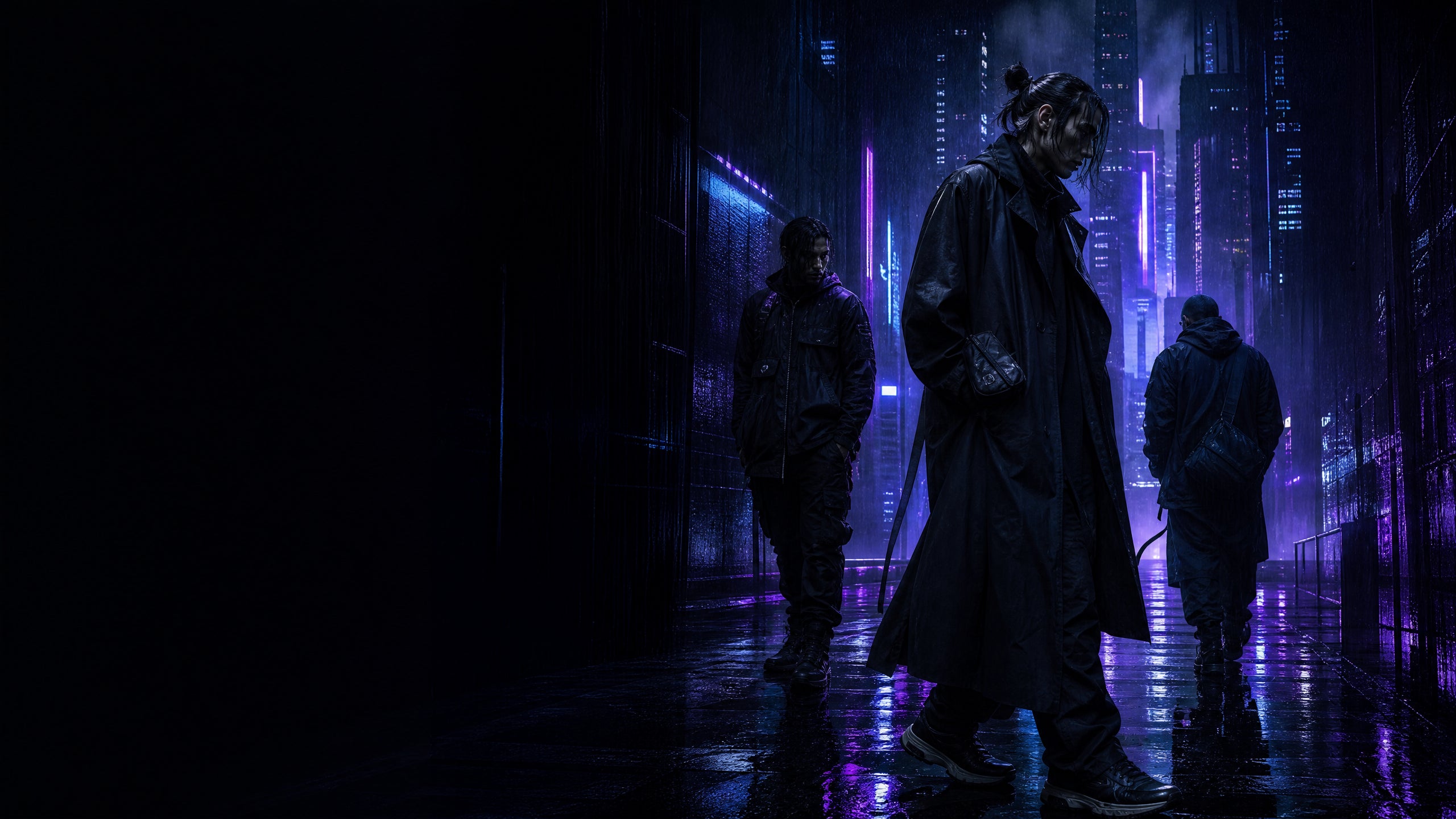 Three figures in layered black techwear in a violet-blue rain-lit futuristic city passage