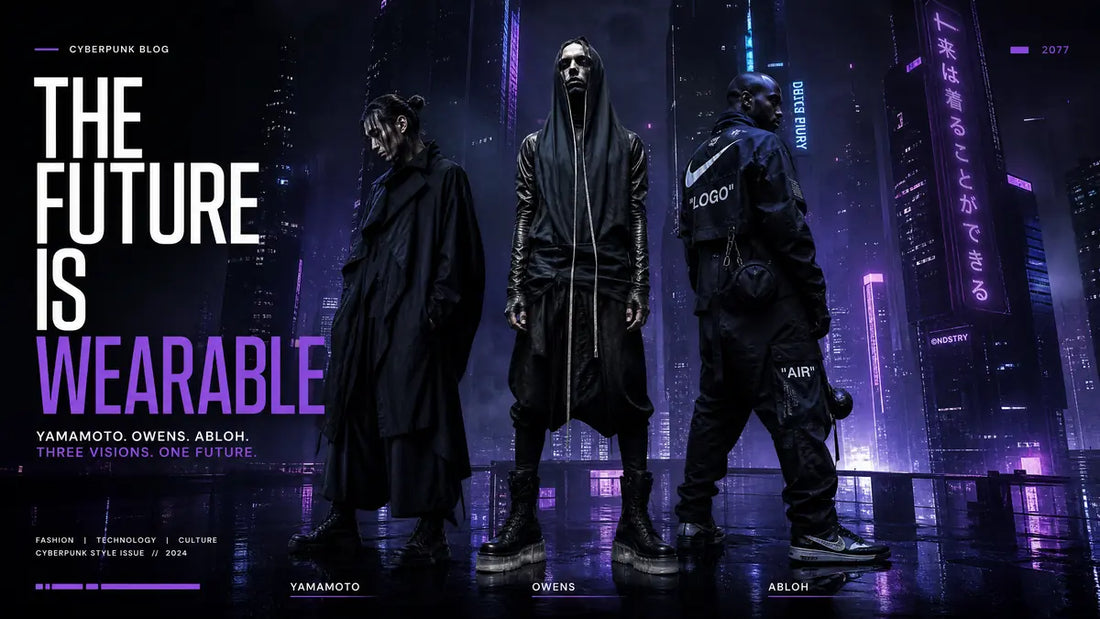 Featured image for Clotechnow blog post: Top Cyberpunk Fashion Designers Yamamoto, Owens, and Abloh in a futuristic urban setting.