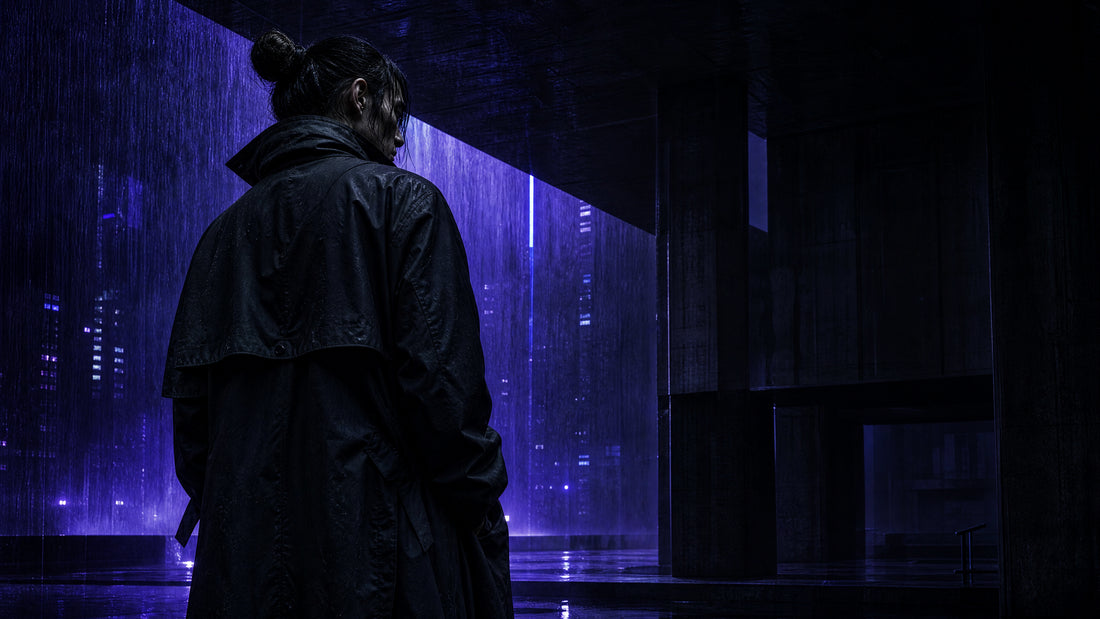 Rear three-quarter view of a black structured techwear jacket beneath violet rain and brutalist architecture