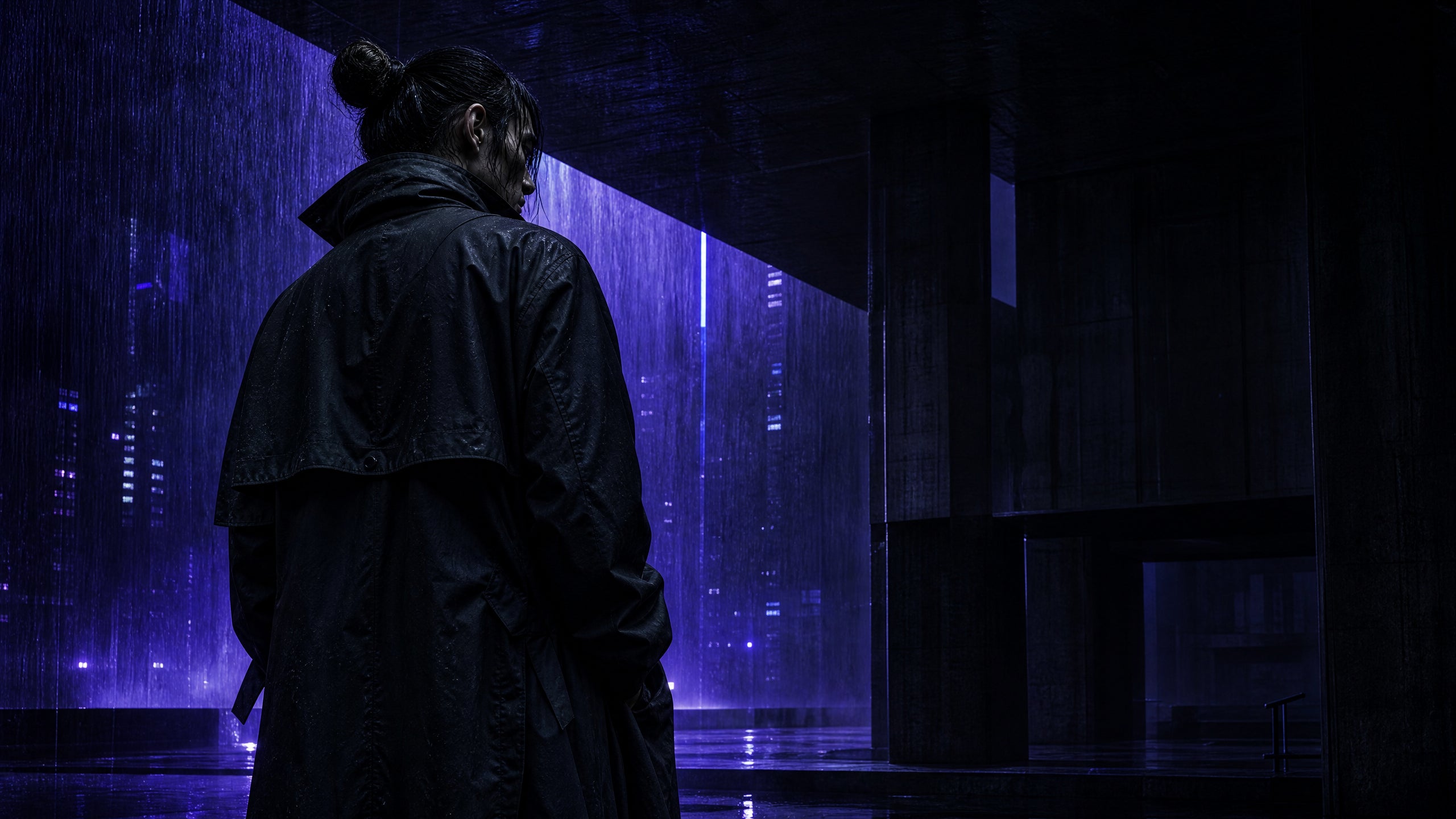 Rear three-quarter view of a black structured techwear jacket beneath violet rain and brutalist architecture