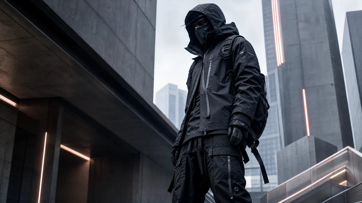 Professional techwear ultimate guide featured image showing futuristic urban explorer in technical apparel