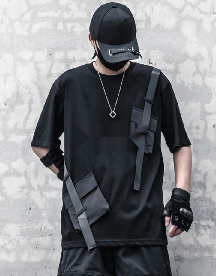 Tactical-style short-sleeve techwear shirt with pronounced front pockets and panel detailing for an urban utility aesthetic — view 6