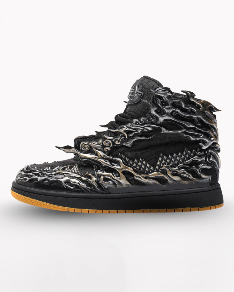 Black high-top sneaker with a brand logo on a white background