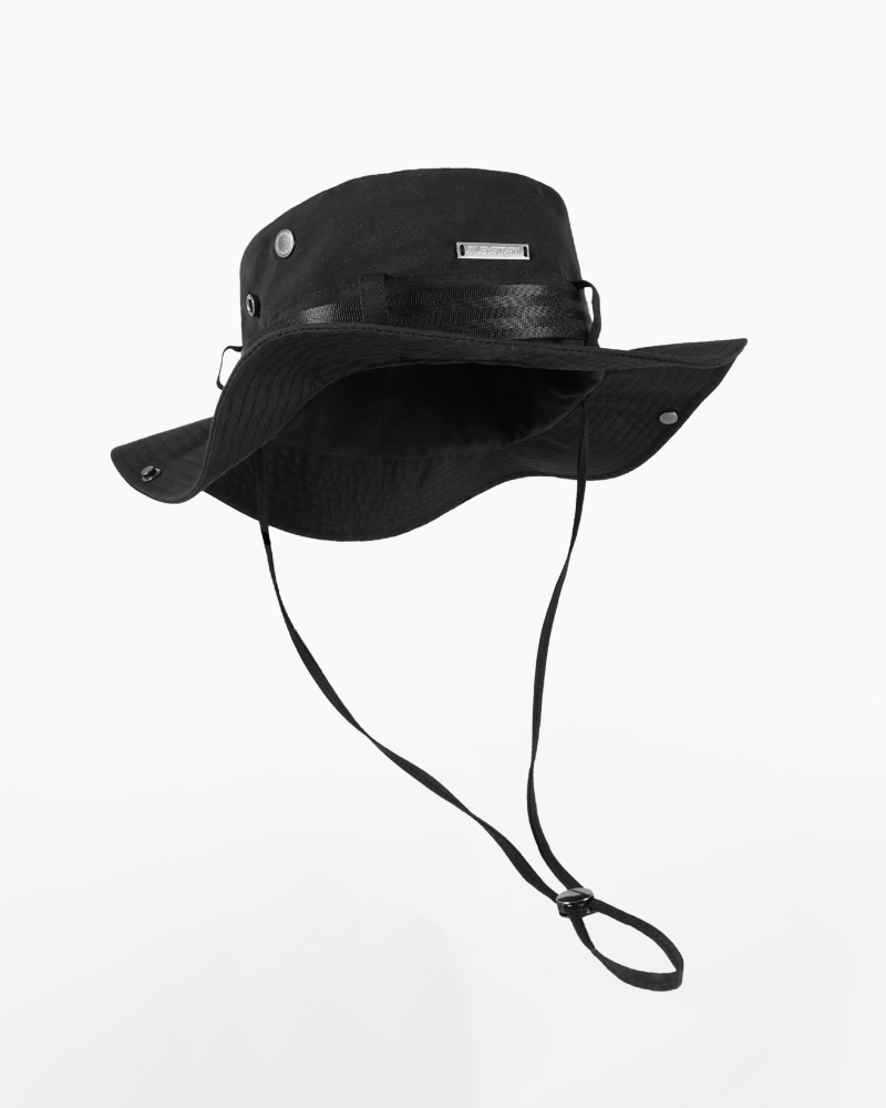 Black bucket hat with a strap on a white background By Clotechnow Techwear Brand