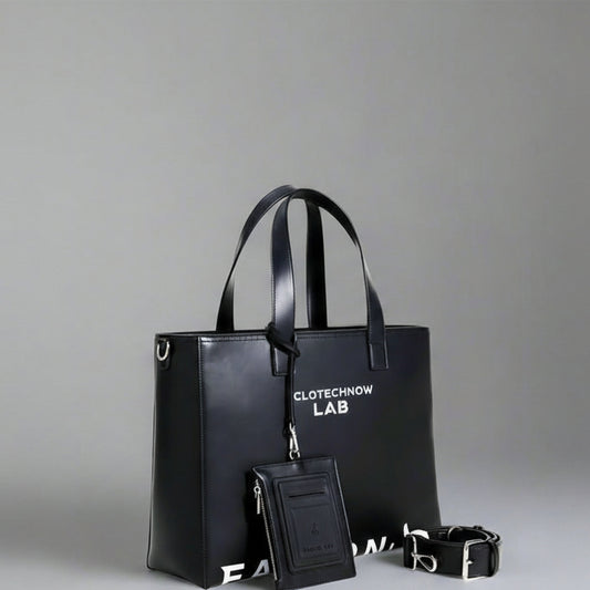 Black handbag with matching wallet and dog collar on a gray background, featuring the brand 'FACeon LAB'.