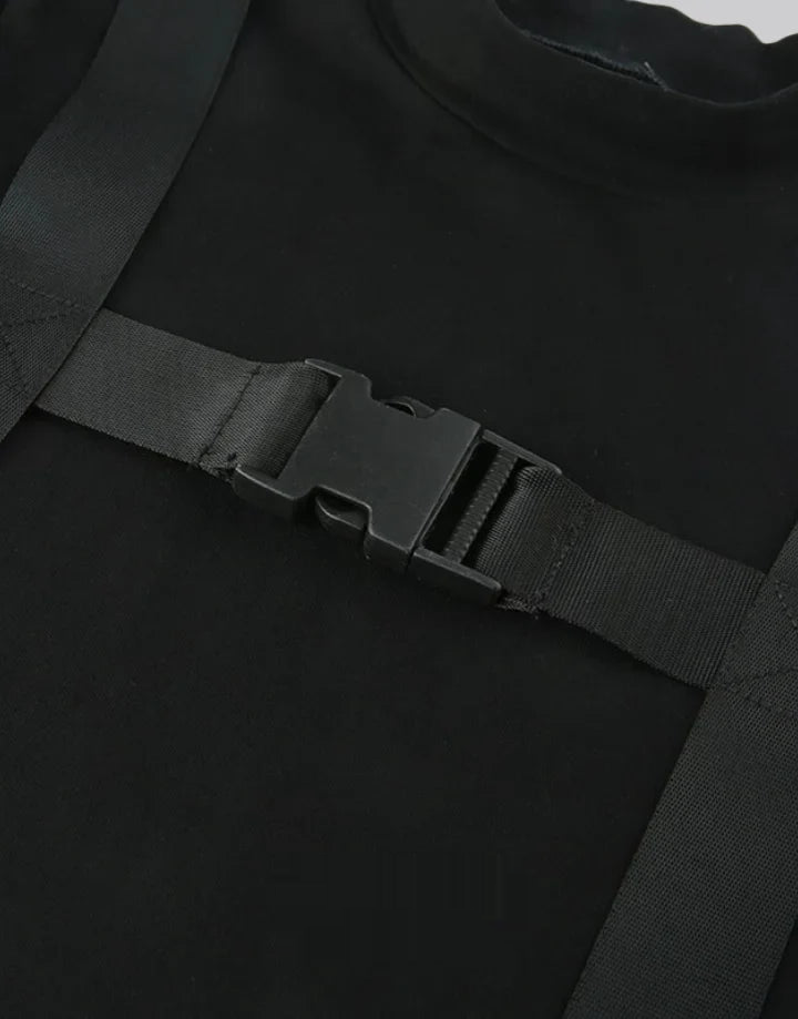 Dark graphic techwear t-shirt with an abstract futuristic print and relaxed urban streetwear silhouette, Clotechnow series 053 — view 8