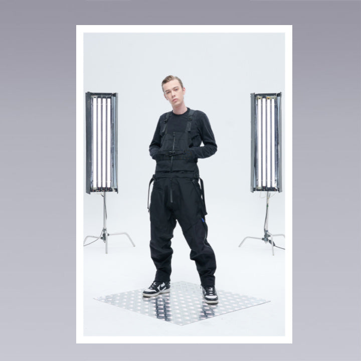 Men standing wearing techwear pants overalls