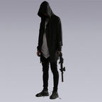 Men covering his head and wearing the black hooded coat and holding a fake gun
