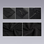 Details of the black hooded coat, zip up, cufs, fabric