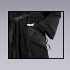 Image close up of the techwear black kimono pocket from the front side.
