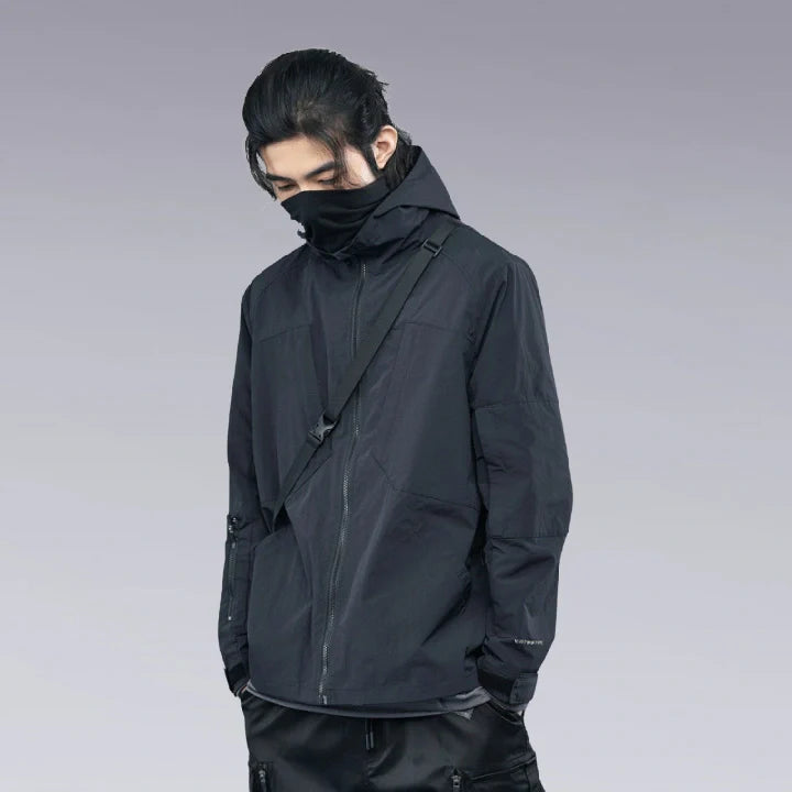 A man wearing the Hardshell Techwear Jacket and face mask