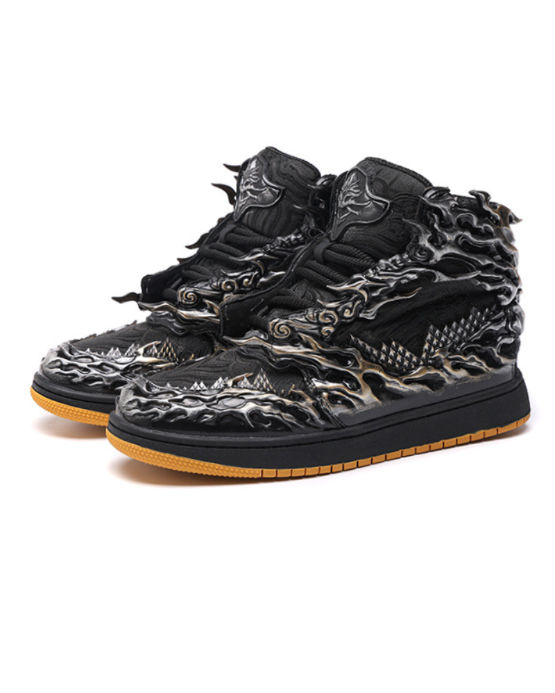 Black high-top sneakers with intricate design on a white background