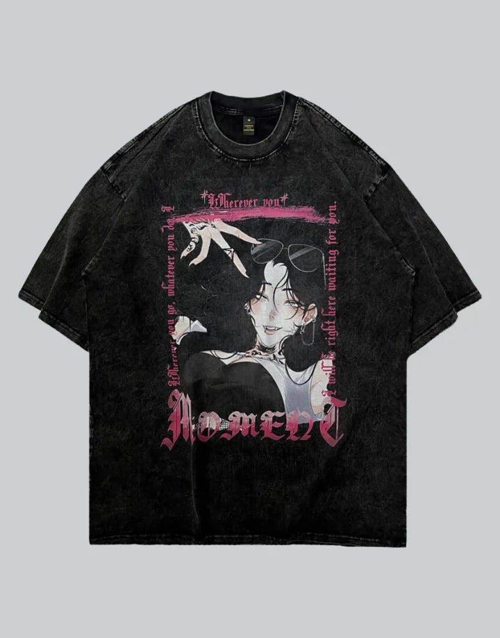 A black mineral-wash graphic t-shirt featuring a stylized anime character print with pink gothic text reading 'MEMENTO' and 'DON'T WORRY'.