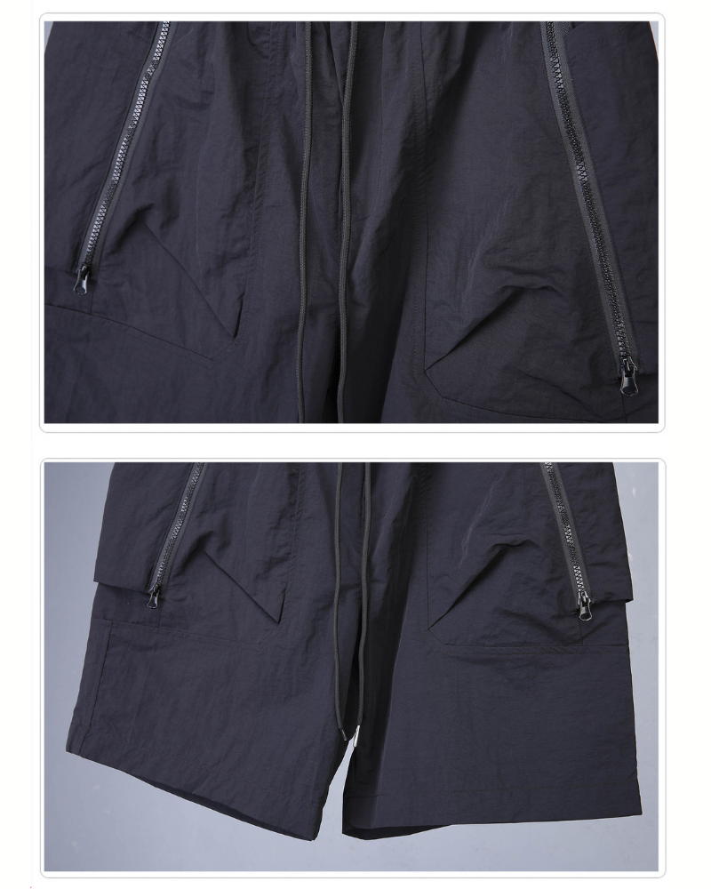 Navy blue shorts with zippers on a white background
