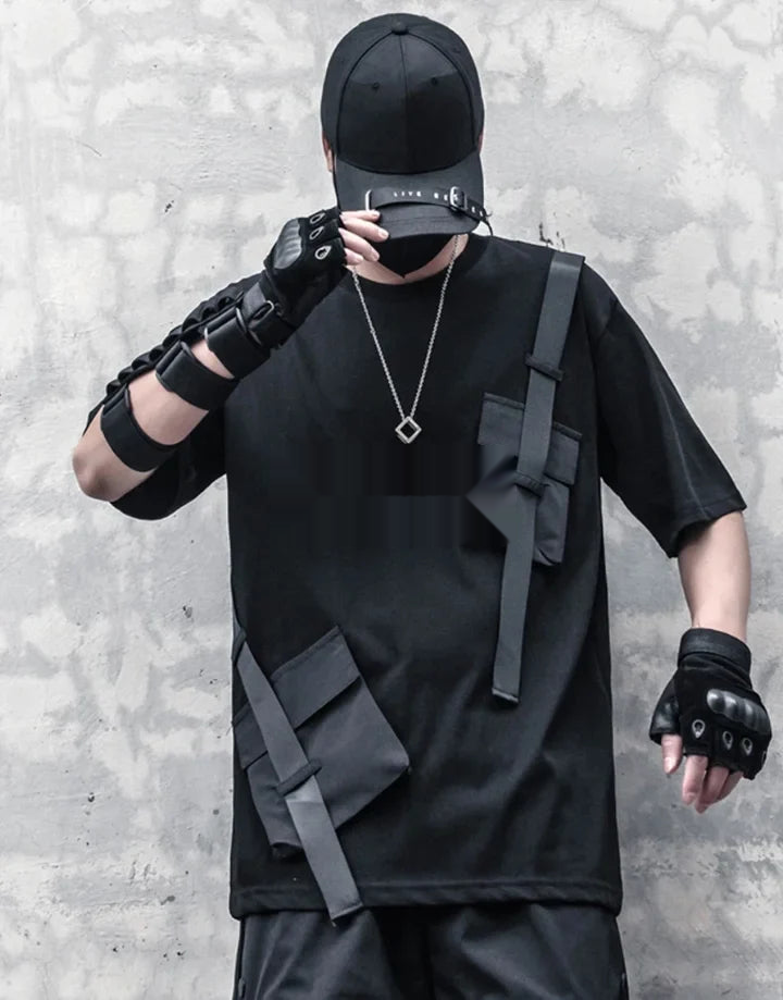 Tactical-style short-sleeve techwear shirt with pronounced front pockets and panel detailing for an urban utility aesthetic — view 8