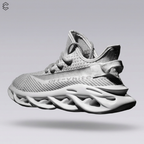 Gray and black Off-White streetwear sneaker with patterned laces and a hollow sculpted sole