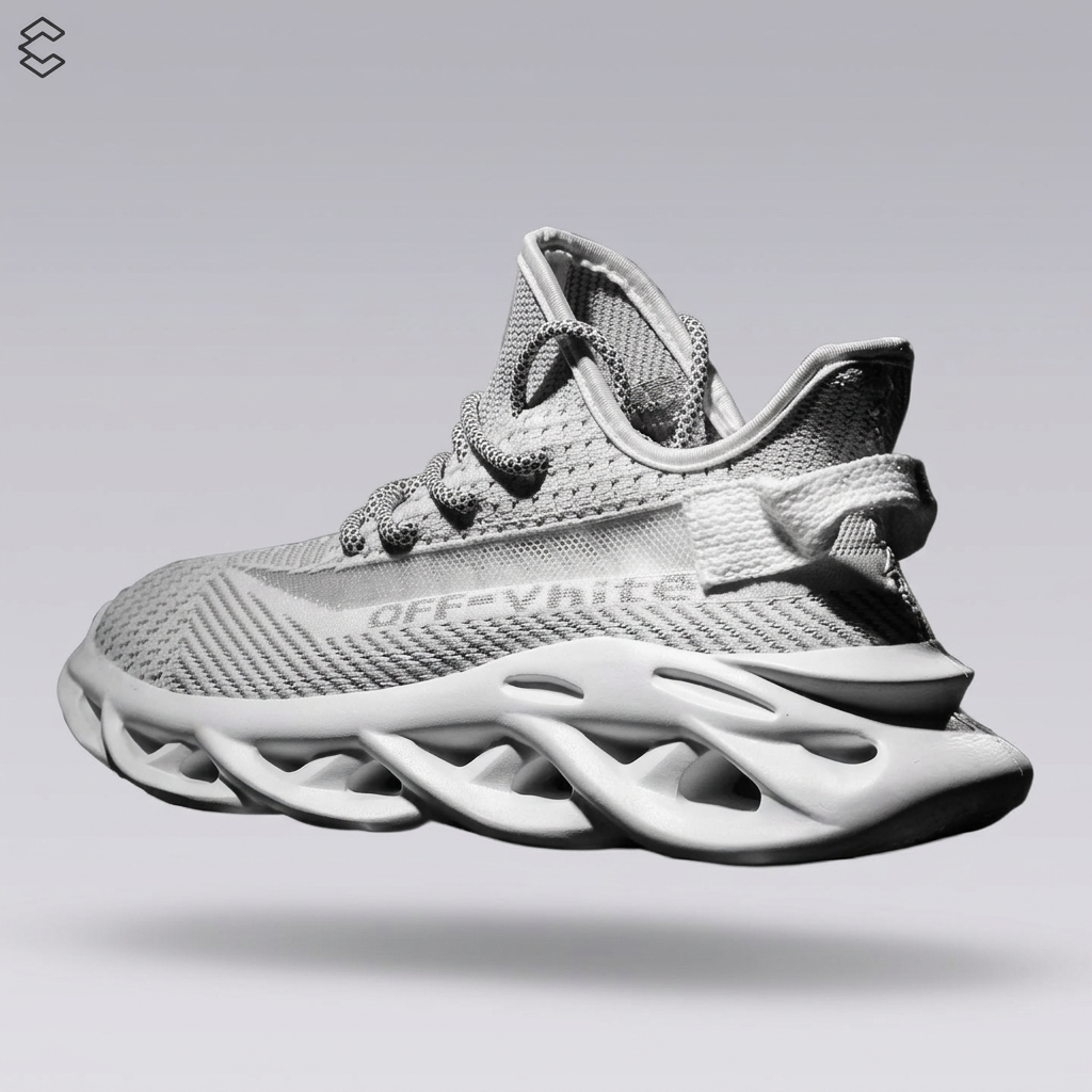 Gray and black Off-White streetwear sneaker with patterned laces and a hollow sculpted sole