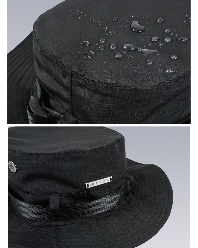 Black rain  tactical hat with water droplets on top and a brand label on a gray background.