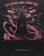 A black graphic print featuring a stylized anime character with arms outstretched, surrounded by swirling pink energy and the text 'THIS WORLD SHALL KNOW PAIN' in pink at the top. The watermark 'SHADXW.