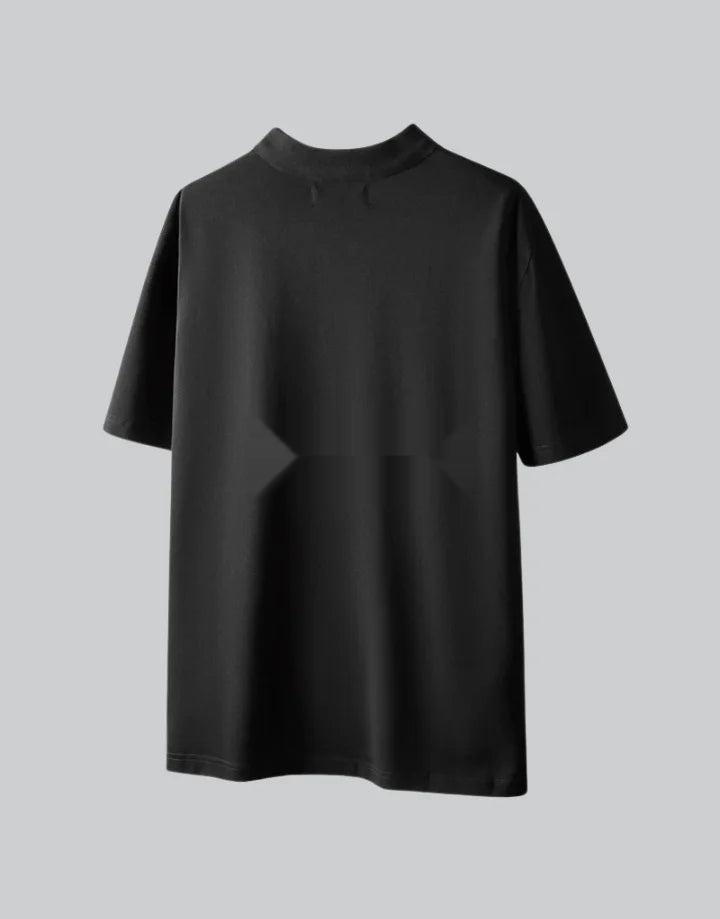 Black short-sleeve multi-pocket tech shirt with modular front panels and adjustable back drawcords in urban minimalist style — view 3