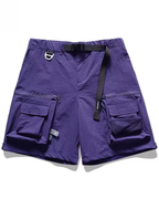 Purple cargo shorts with multiple pockets on a white background