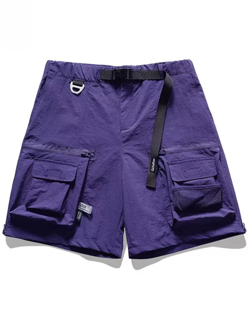 Purple cargo shorts with multiple pockets on a white background