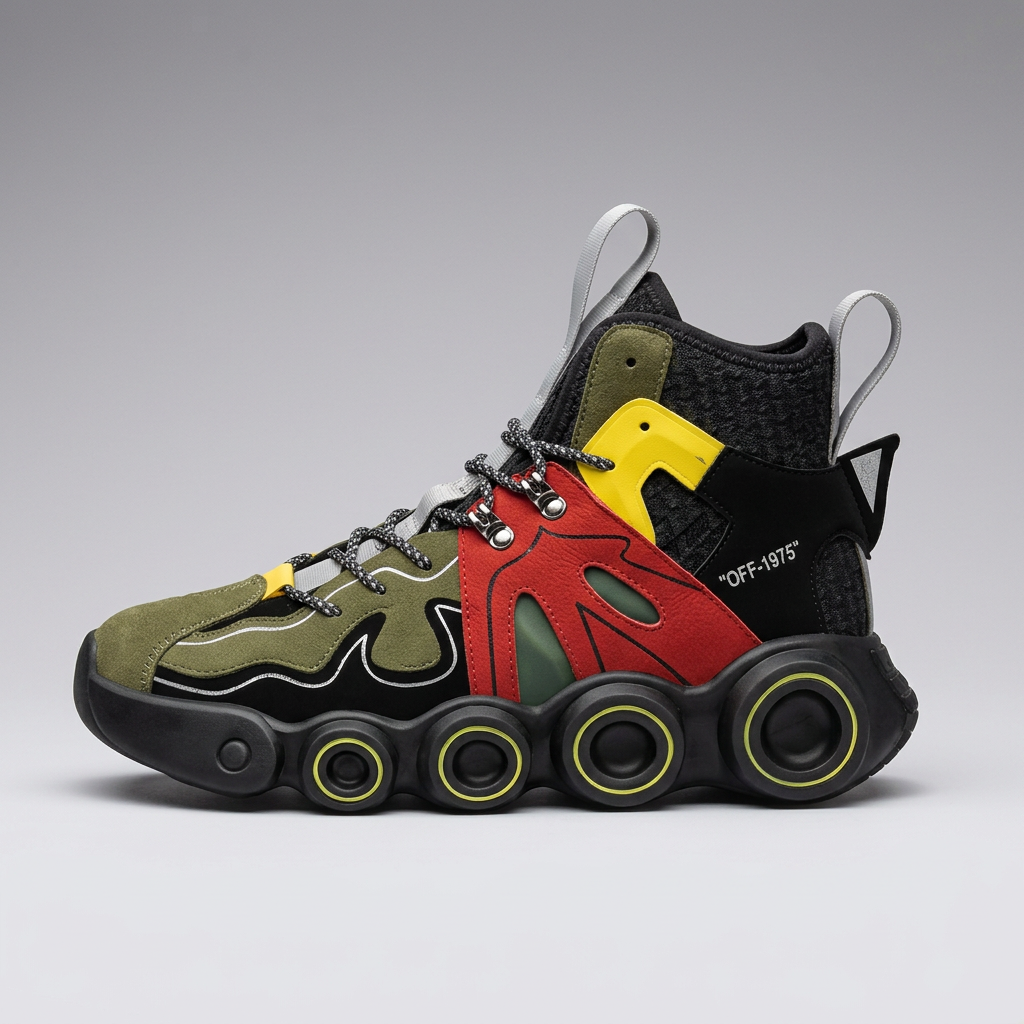 Olive red and yellow wheel-sole sneaker, studio side profile