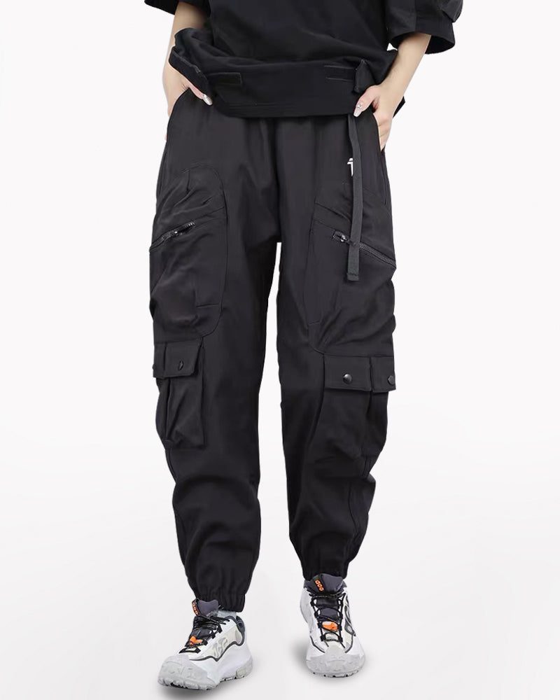 A Person Wearing The Unisex Black Samurai Multi-Pocket Cargo Pants