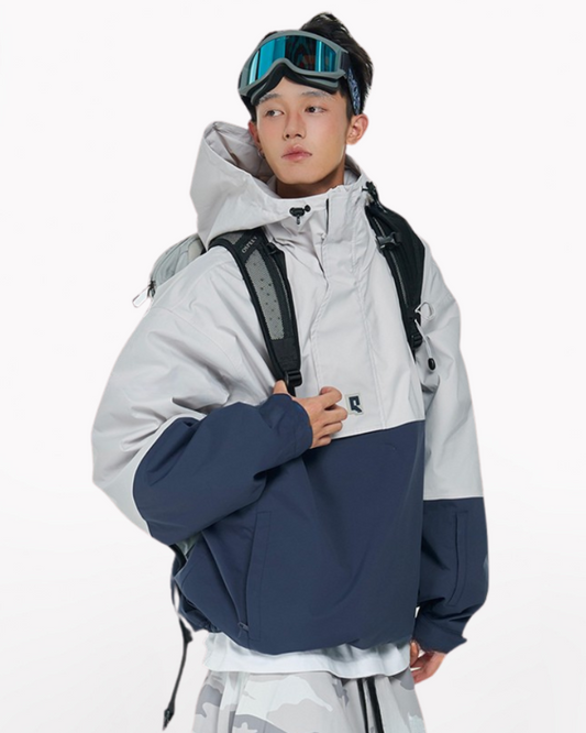 Person wearing a two-tone jacket with a backpack on a white background