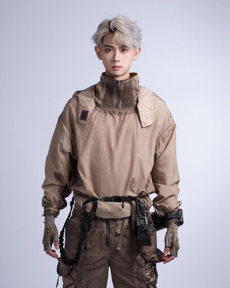 Distressed Stand Collar Outdoor Jacket - Steampunk