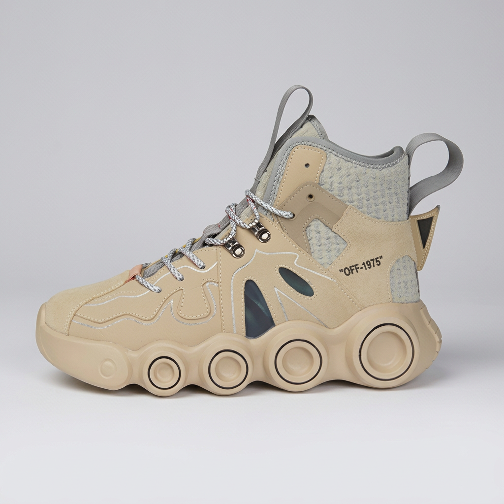 Beige and gray wheel-sole sneaker, studio side profile
