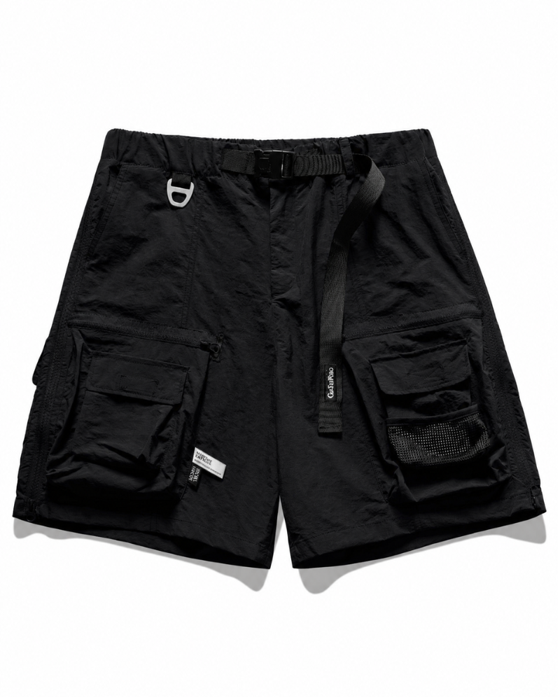 Black cargo shorts with multiple pockets on a white background