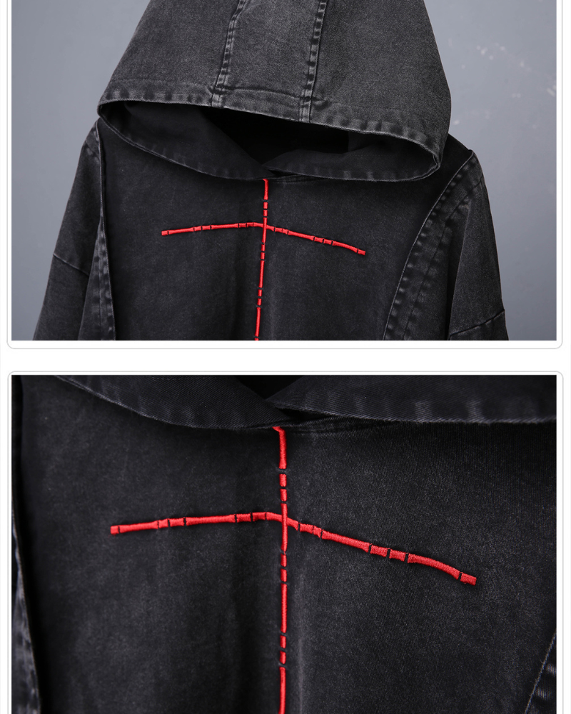 Washed Cross Denim Hoodie - Techwear Streetwear