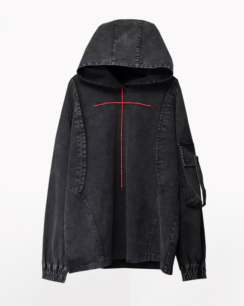 Washed Cross Denim Hoodie - Techwear Streetwear