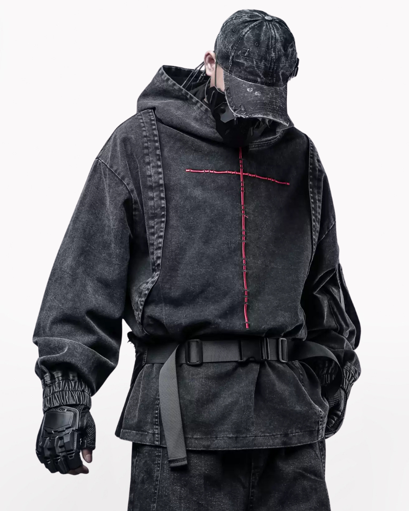 Washed Cross Denim Hoodie - Techwear Streetwear