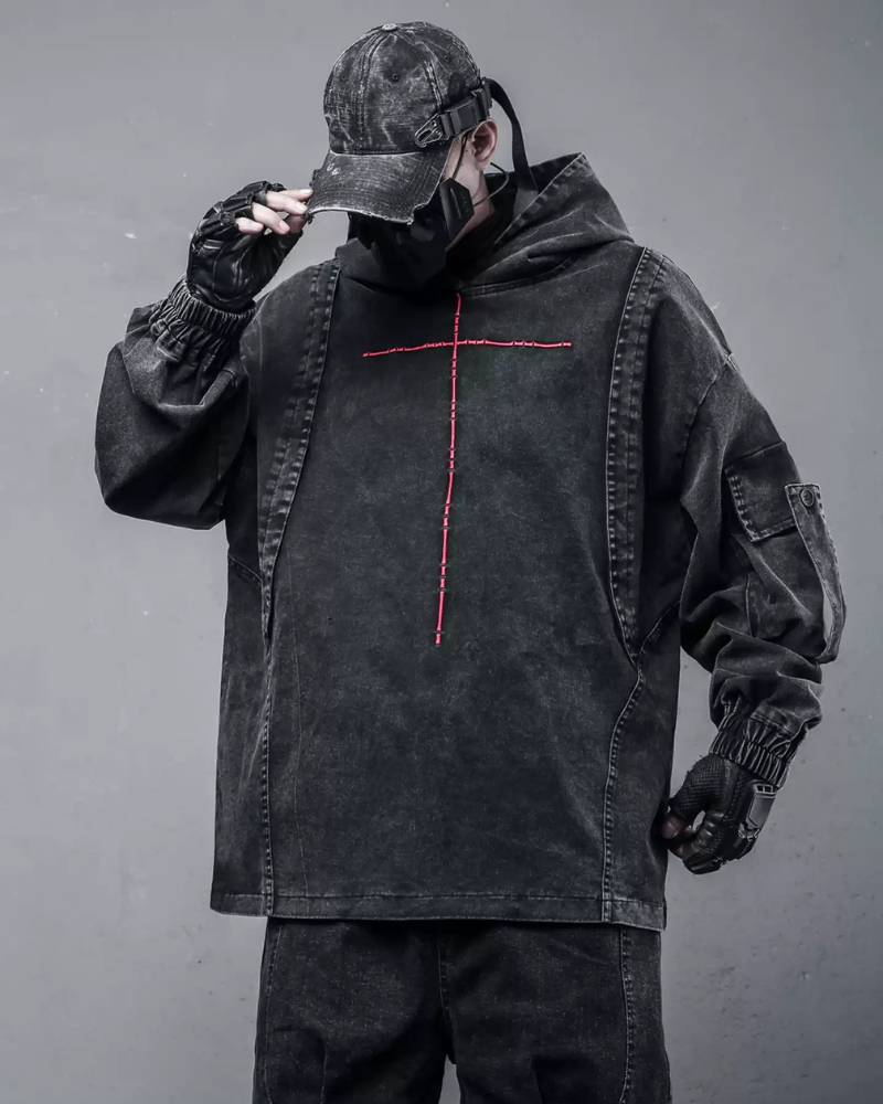 Washed Cross Denim Hoodie - Techwear Streetwear