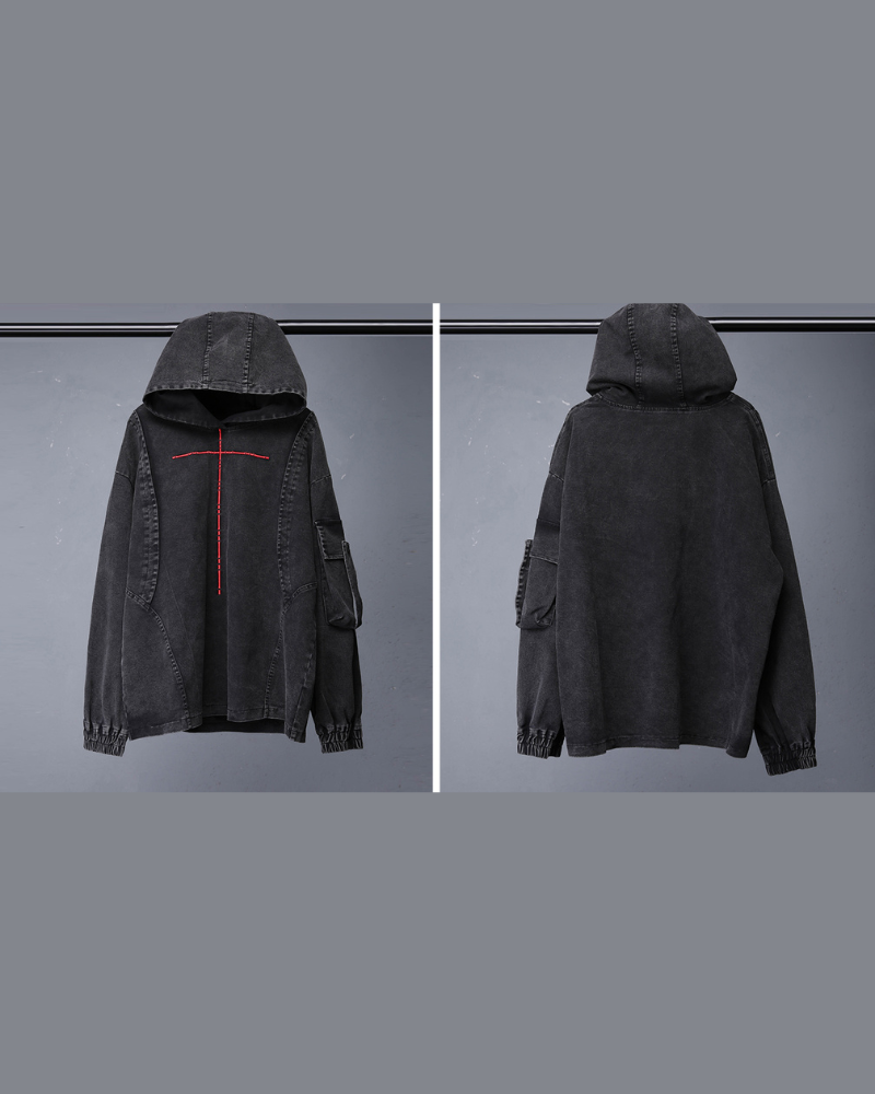 Washed Cross Denim Hoodie - Techwear Streetwear