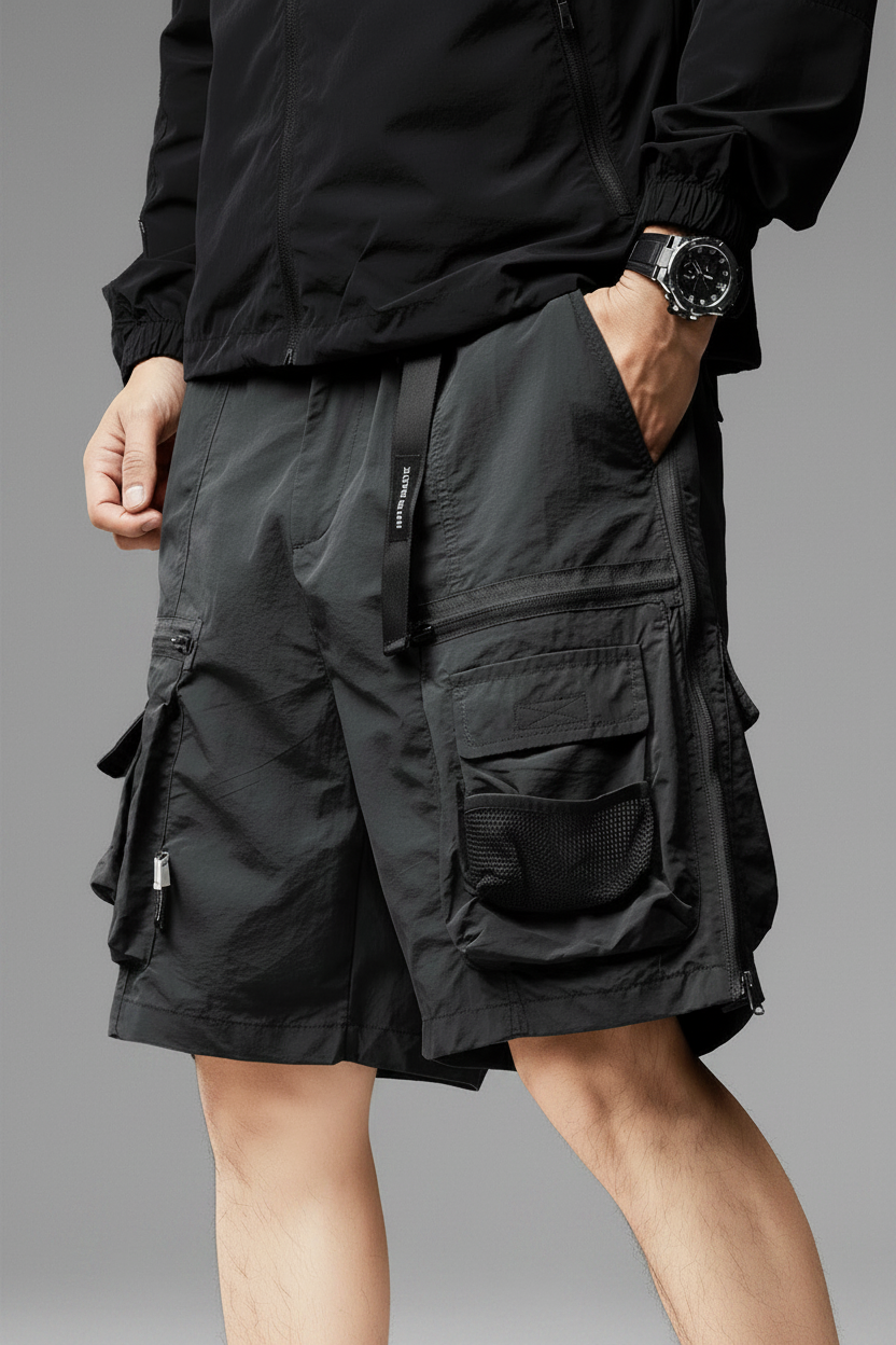 Person wearing black techwear cargo shorts on a brown background