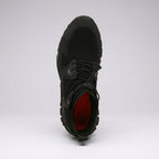 A black athletic sneaker shown from a top-down view, featuring a textured mesh upper, black laces, and a contrasting red interior lining, set against a light gray studio background. Techwear Shoes Airflow Sneakers – Flexible Mesh Trainers