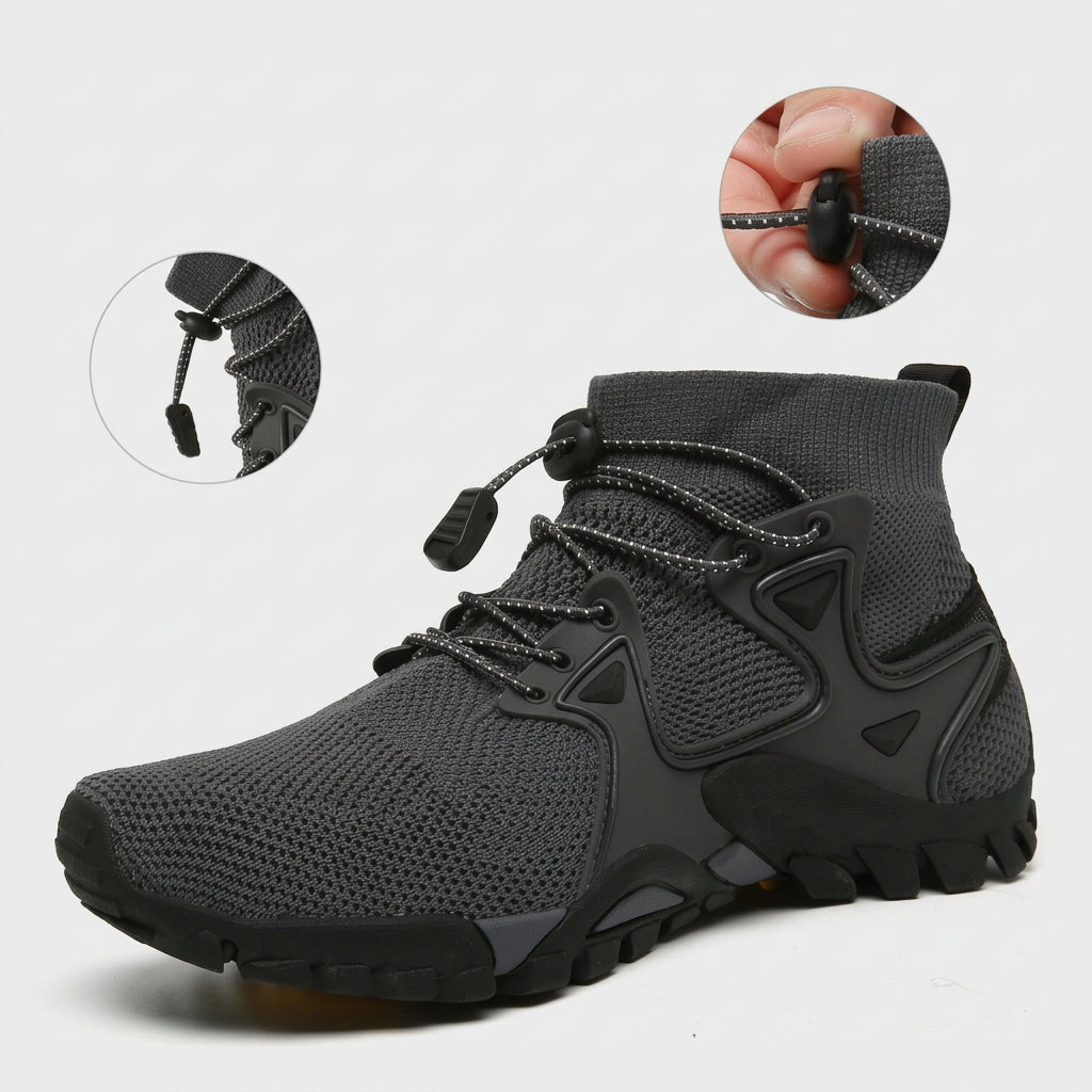 A dark gray and black high-top athletic shoe with a breathable mesh upper, black laces, and a rugged sole. Two circular inset images at the top show close-up details of the lace closure and heel adjustment. Techwear Shoes Airflow Sneakers – Techwear Gray / Black shoes