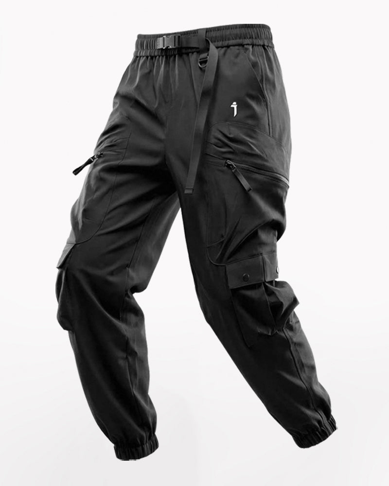 Black cargo pants on a white background