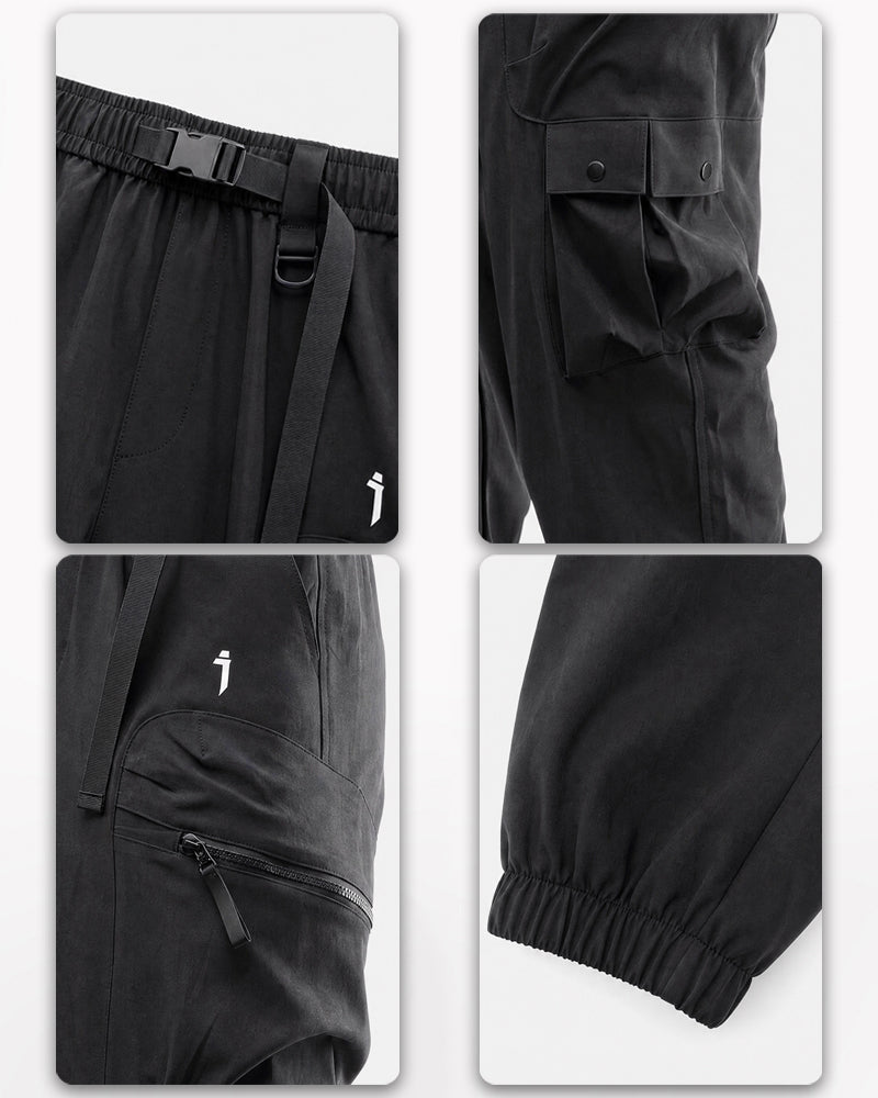 Collage of black pants with various details on a white background