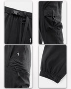 Collage of black pants with various details on a white background
