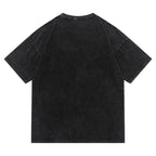 A black acid-wash short-sleeve t-shirt shown from the back, laid flat against a solid white background.