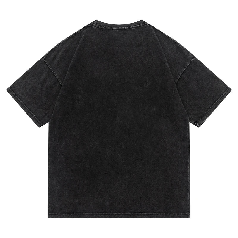 A black acid-wash short-sleeve t-shirt shown from the back, laid flat against a solid white background.