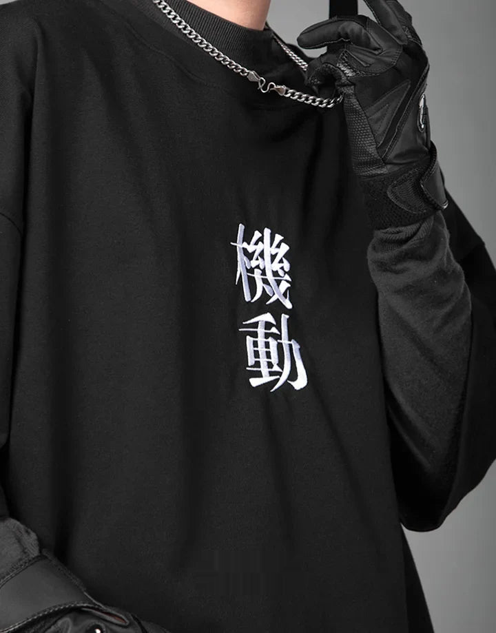 Monochrome oversized techwear shirt with minimalist paneling and extended hem in black and white options for contemporary streetwear looks — view 7